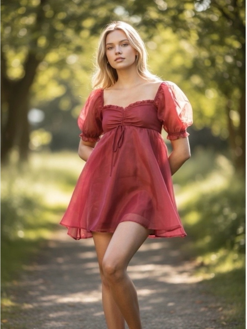 Altar'd State Crimson Puff-Sleeve Mini Dress
